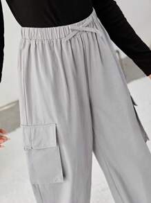 SHEIN 女鞋少年梭織純色工裝口袋休閒束腳長褲