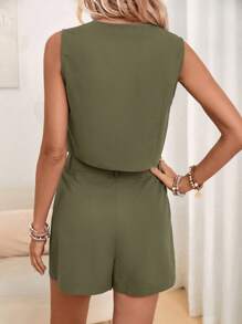 SHEIN LUNE Solid Button Front Vest Jacket & Shorts