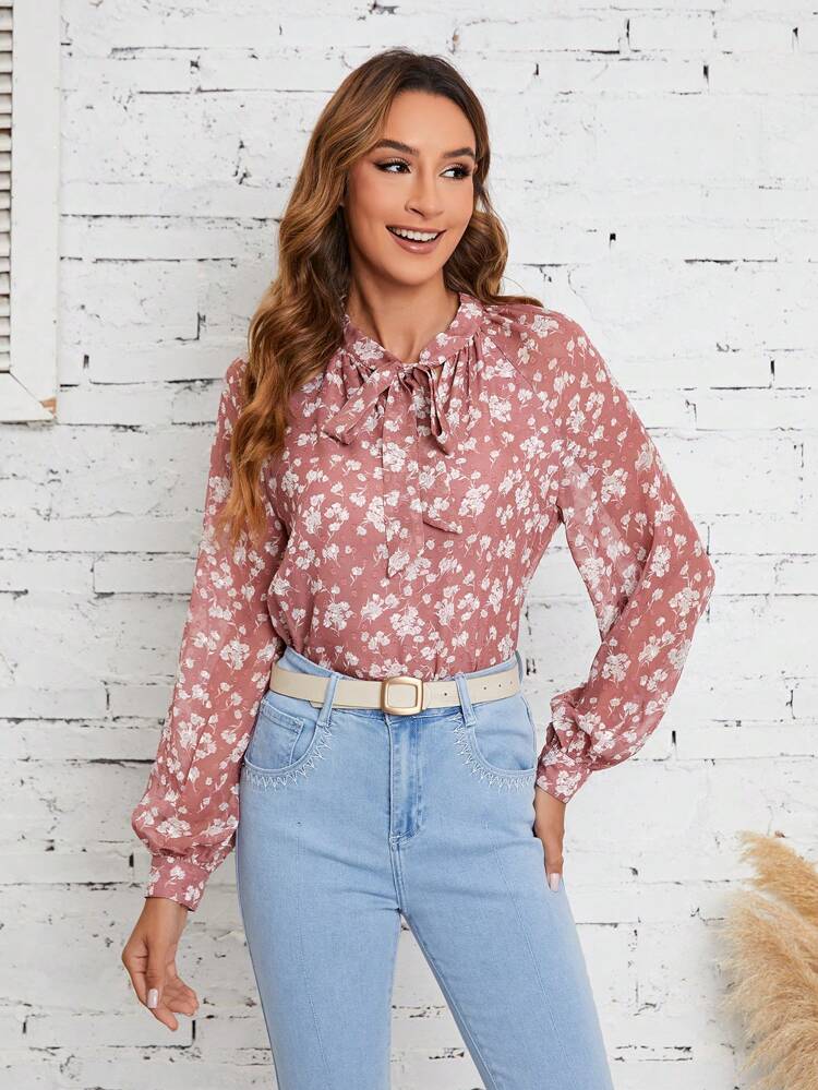 Floral Print Tie Neck Raglan Sleeve Blouse Winter Vacation Flower Pink
