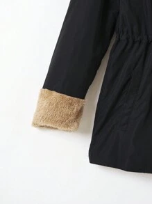 SHEIN EZwear Drawstring Waist Teddy Lined Hooded Coat In Fall/Winter - Black - View 5