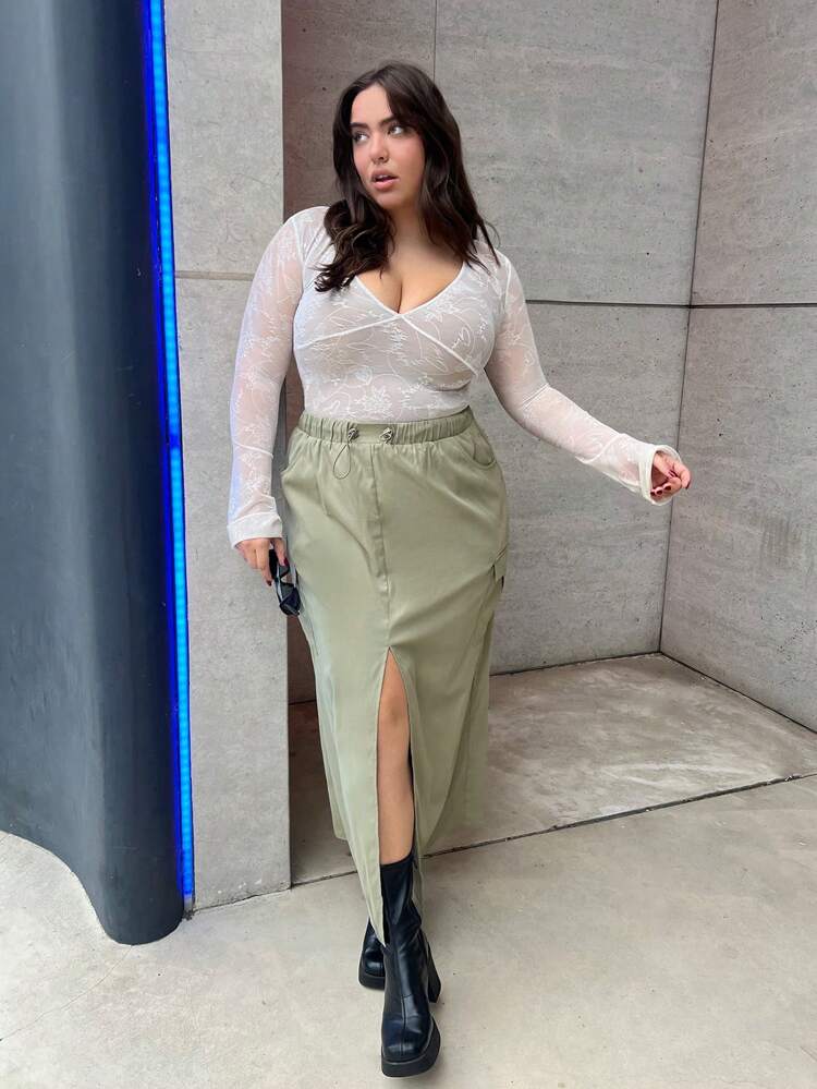 Plus Drawstring Waist Split High Hem Cargo Skirt
