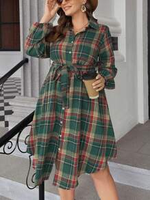 SHEIN LUNE Plus Tartan Print Belted Shirt Dress Maxi Women Outfit