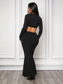 SHEIN SXY 女士短版長袖上衣和褶裙中長款兩件套生日裝春夏女士衣服約會之夜 - 黑色 - 查看 2