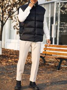 Manfinity Homme 男士鬆身plus加厚棉裝背心外套帶拉鍊立領 - 黑色 - 查看 4