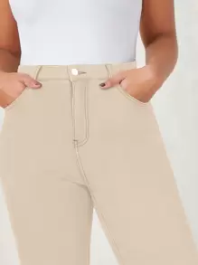 Pantalones ajustados de talla grande de color liso con cierre de cremallera - Caqui - Ver 5