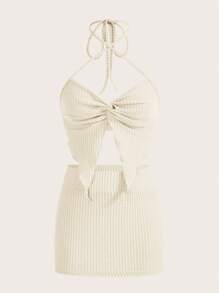 SHEIN ICON Twist Front Halter Top & Skirt - Beige - View 1