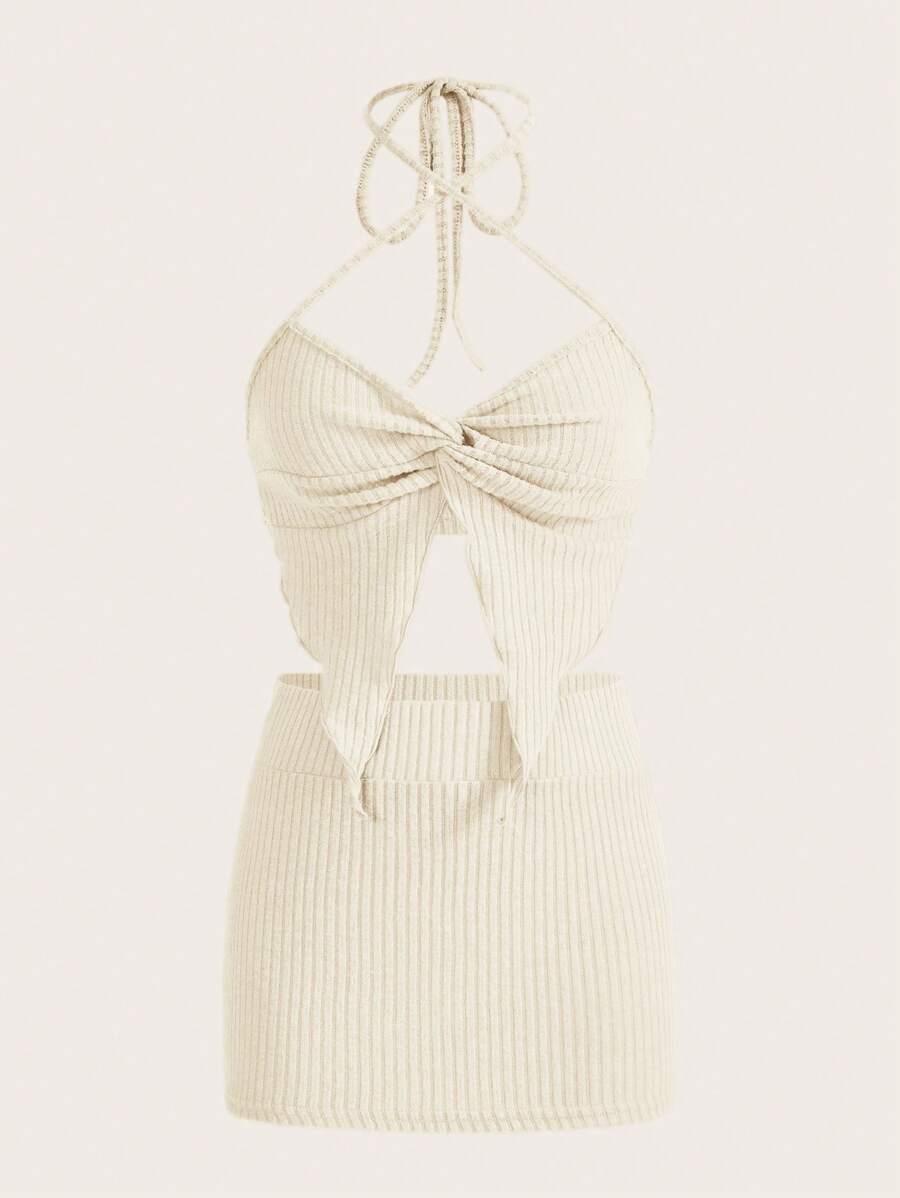 SHEIN ICON Twist Front Halter Top & Skirt - Beige - View 1