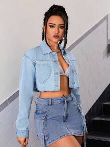SHEIN ICON Heart Patched Raw Hem Crop Denim Jacket - Light Wash - View 3