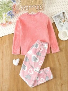 Tween Girl Letter Embroidery Flannel Top & Pants PJ Set - Dusty Pink - View 2