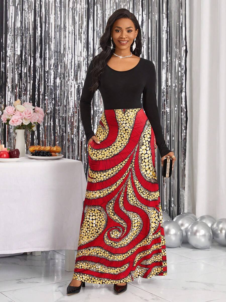 SHEIN Lady Graphic Print Scoop Neck A Line Dress - Multicolor - View 1