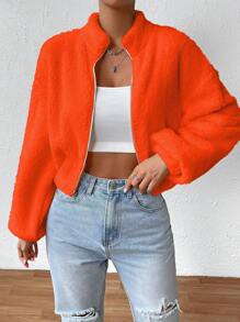 SHEIN EZwear Drop Shoulder Zip Up Teddy Jacket - Orange - View 1