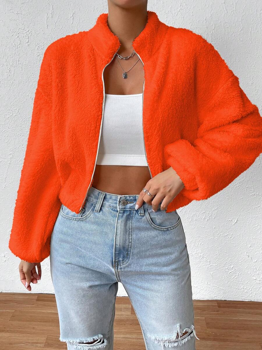 SHEIN EZwear Drop Shoulder Zip Up Teddy Jacket - Orange - View 1