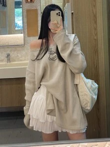 DAZY 星球印花落肩开衩下摆 T 恤，秋季服装长袖女式上衣 - 杏色 - 查看 3