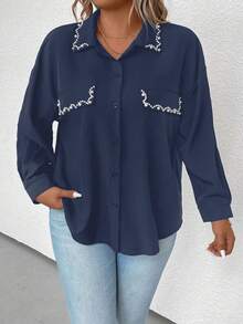 SHEIN Clasi 大碼珍珠串珠落肩袖襯衫 - 藏蓝色 - 查看 7