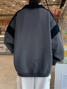 Men Colorblock Half Zip Drop Shoulder Sweatshirt - Dark Grey - View 2