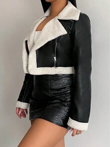 Zolique 毛絨內襯PU皮革機車夾克 - 黑色 - 查看 3