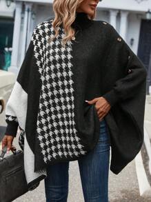 SHEIN LUNE Đồ họa Houndstooth Áo cao cổ tay cánh Chi tiết Nút Áo len Poncho - Nhiều màu - Xem 1