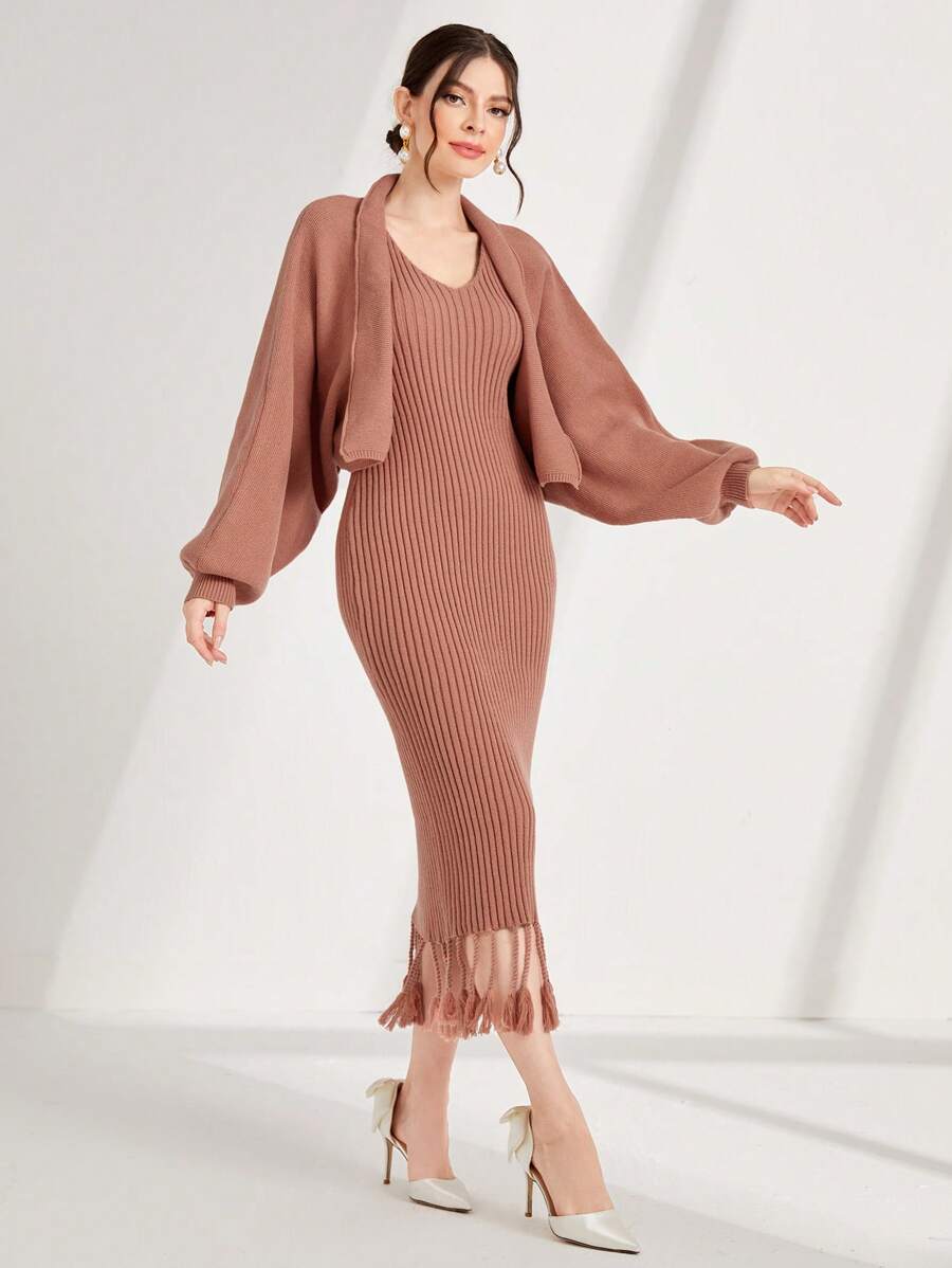 Modelyn Fringe Hem Sweater Dress & Cardigan 2 Piece Set Fall Cloth For Women - Redwood - View 1