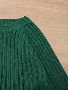 SHEIN Tween Girl Solid Ribbed Knit Raglan Sleeve Sweater & Knit Pants - Dark Green - View 3