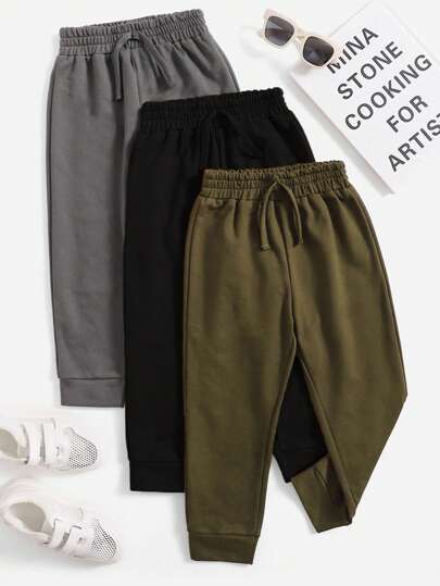 SHEIN Genkimix Kids 男童 3 件套纯色前结带松紧腰运动裤 男童慢跑裤 儿童慢跑裤 男童慢跑裤 儿童慢跑裤