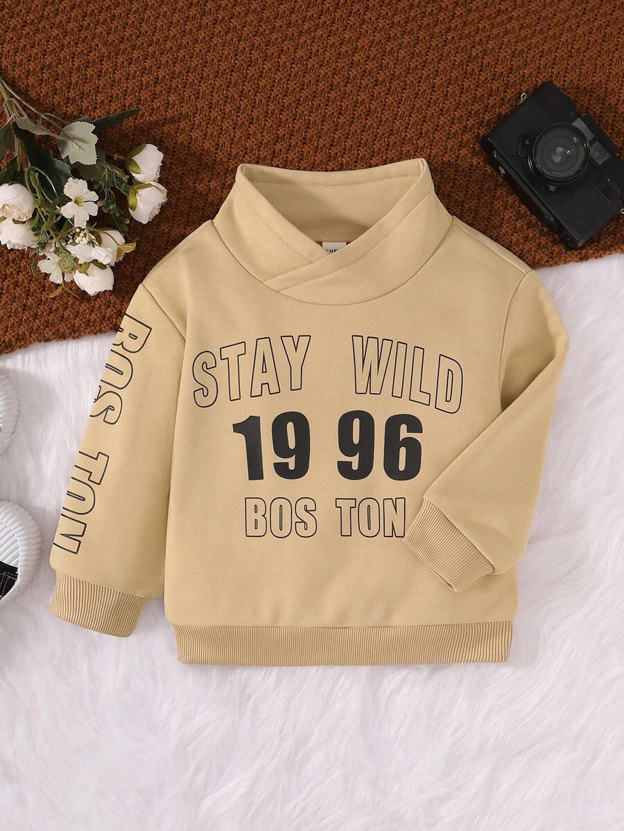 SHEIN 男小童字母圖案小高領運動衫 - 卡其色 - 查看 1