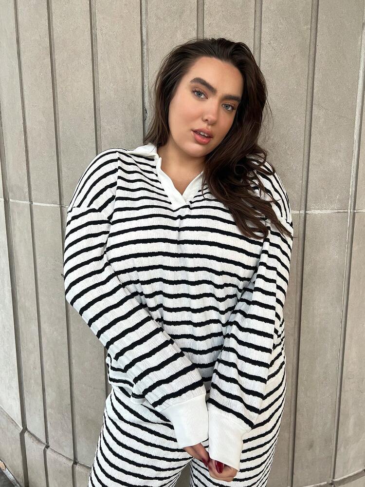 Plus Size Striped Drop Shoulder Sweatshirt And Drawstring Waist Pants Set