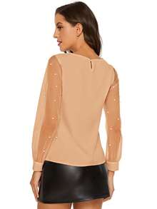 SHEIN Privé Solid Pearls Beaded Contrast Mesh Sleeve Blouse - Khaki - View 2