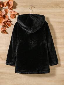 女大童拉鏈開襟連帽毛茸茸外套 - 黑色 - 查看 2