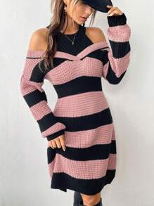 SHEIN Unity Two Tone Cold Shoulder Sweater Dress - Multicolor - View 1