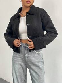 SHEIN Essnce Dual Pocket Drop Shoulder Teddy Lined Jacket - Black - View 6