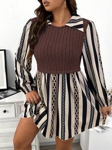 Celure Talla grande Vestido 2 en 1 de rayas & con estampado de cadena de manga farol - Multicolor - Ver 5