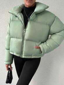 EURMUSE Zip Up Puffer Coat - Green - View 5