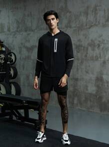 Manfinity Sport Corelite 男友风男士几何印花拉链连帽运动夹克健身上衣运动夹克 - 黑色 - 查看 6