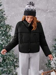 SHEIN Essnce Plain Color Casual Padded Coat With Stand Collar, Winter - Black - View 6