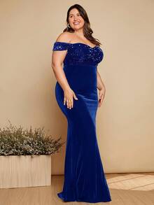 SHEIN Belle Plus Off Shoulder Sequin Insert Mermaid Hem Formal Dress - Teal Blue - View 6