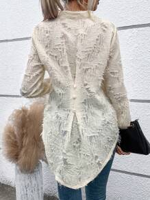 SHEIN LUNE Jacquard Floral Pattern High Low Hem Blouse - Apricot - View 3