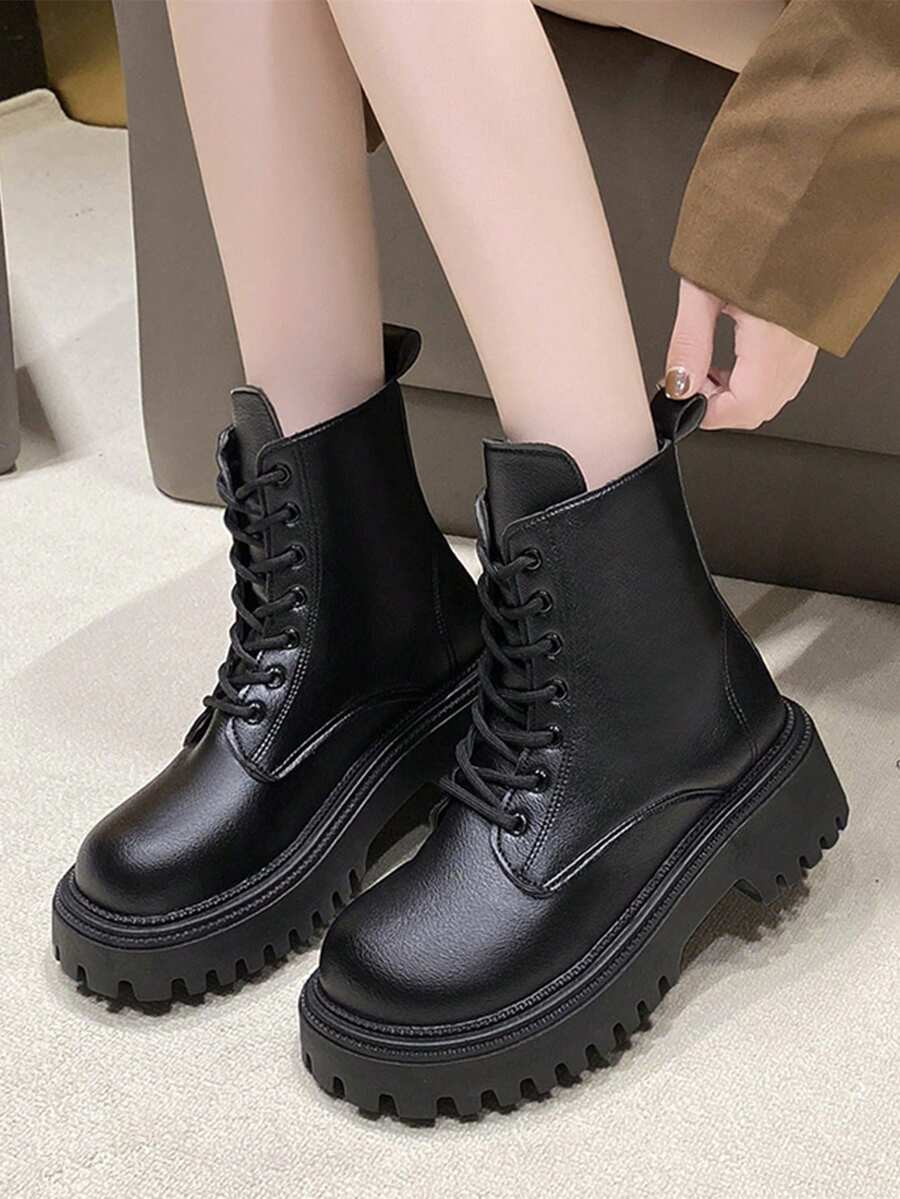 女性厚防水台帶踝靴,包括短靴和踝靴帶時髦黑色 - 黑色 - 查看 1