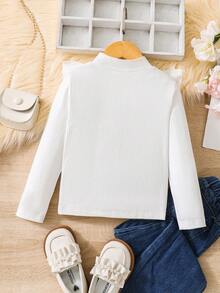 SHEIN Young Girl Ruffle Trim Mock Neck Tee - White - View 2