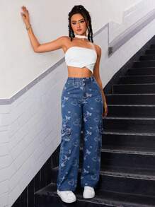 SHEIN ICON Loại bướm Dệt hoa Thiết kế Túi Denim Quần jean - Rửa tối - Xem 5