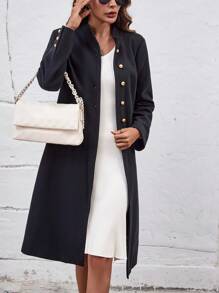 SHEIN Clasi Solid Button Front Overcoat Fall Cloth For Women - Black - View 3