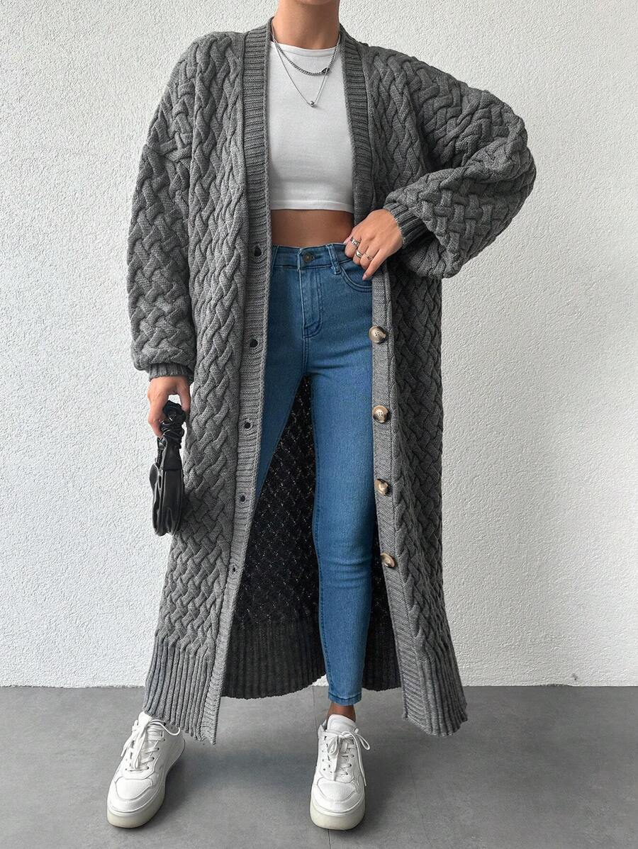 EURMUSE Drop Shoulder Button Front Cardigan - Grey - View 1