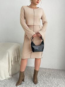 SHEIN Essnce Plus Top-stitching Split Sleeve Tee & Pencil Skirt - Khaki - View 2