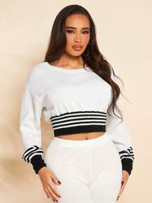 SHEIN SXY 條紋飾邊落肩袖套頭毛衣 - 黑與白 - 查看 1