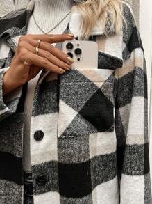 SHEIN Essnce Plaid Print Drop Shoulder Flap Pocket Overcoat - Multicolor - View 6
