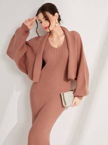 Modelyn Fringe Hem Sweater Dress & Cardigan 2 Piece Set Fall Cloth For Women - Redwood - View 6