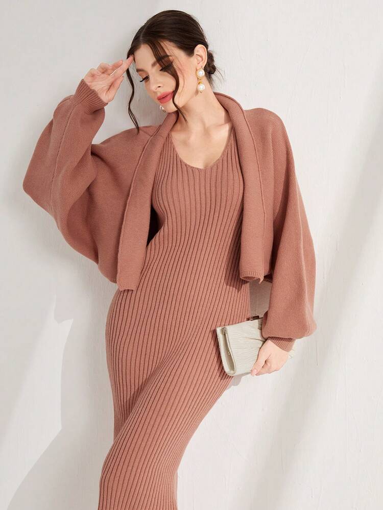 Fringe Hem Sweater Dress & Cardigan 2 Piece Set Fall Cloth For Women