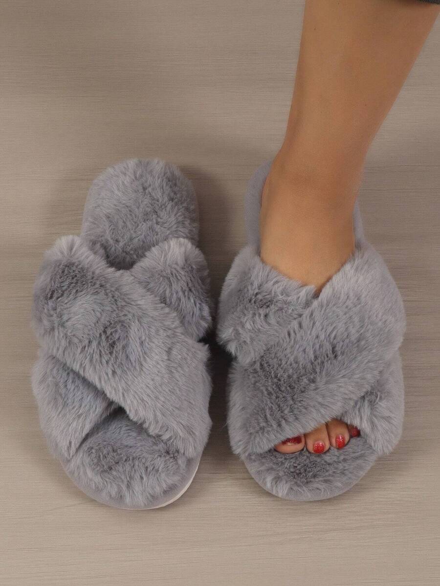 Fall/Winter Ladies' Fashionable Light Purple Solid Color Bedroom Slippers With Crossed Strap And Fluffy Design