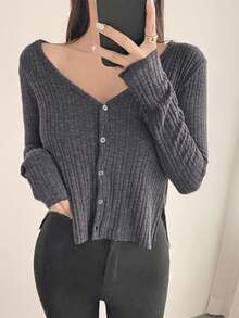 DAZY 前開襟分割式t恤 - 灰色 - 查看 6