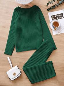 SHEIN Tween Girl Solid Ribbed Knit Raglan Sleeve Sweater & Knit Pants - Dark Green - View 2