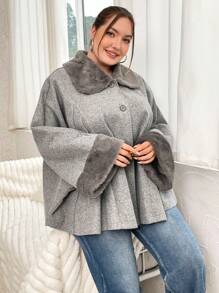 Flirla Plus Borg Collar Cloak Sleeve Overcoat - Light Grey - View 7